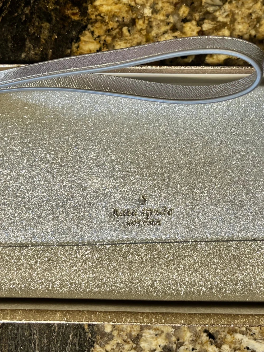 kate spade Silver Glitter Wristlet Clutch with Strap